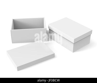 zwei kippen 3d Rendering leeres weißes Papier-Boxen, eine offene, mit einem separaten Deckel auf dem Boden für das Design verwenden, weißen Hintergrund, erhöhten Blick isoliert Stockfoto