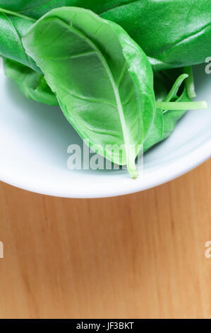 Nahaufnahme (Makro) der ganze grüne Basilikumblätter in einer Schüssel Weißware, auf einer leichten Holzoberfläche. Vertikale Ausrichtung mit textfreiraum unten. Stockfoto