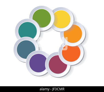 Kreis-Diagramm Vorlage Infografiken acht Positionen. Farbige Kreise befinden sich auf einem Kreis mit Schatten. Weißen Hintergrund. Stockfoto