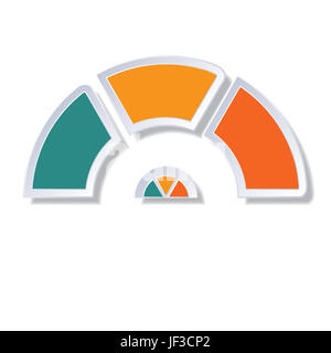 Vorlage-Infografik, Halbkreis Diagramm mit 3 bunten Elementen um Zentrum Stockfoto