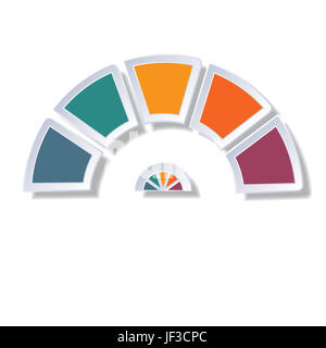 Vorlage-Infografik, Halbkreis Diagramm mit 5 bunten Elementen um Zentrum Stockfoto