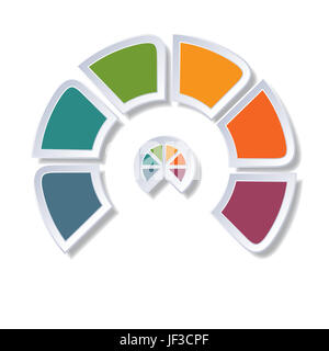 Vorlage-Infografik, Halbkreis Diagramm mit 6 bunten Elementen um Zentrum Stockfoto
