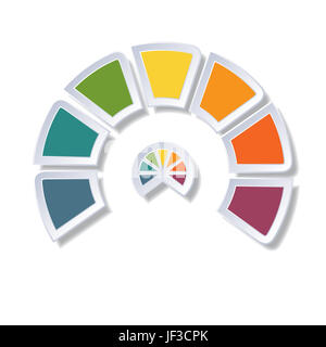Vorlage-Infografik, Halbkreis Diagramm mit 7 bunten Elementen um Zentrum Stockfoto