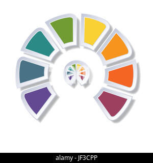 Vorlage-Infografik, Halbkreis Diagramm mit 8 bunten Elementen um Zentrum Stockfoto