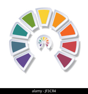 Vorlage-Infografik, Halbkreis Diagramm mit 9 bunten Elementen um Zentrum Stockfoto