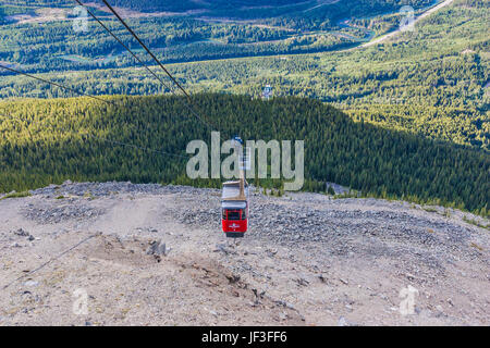 Fahrt mit der Straßenbahn bis zur Spitze des Whistler Mountain in der Nähe der Stadt Jasper im Jasper Nationalpark, Alberta, Kanada. Stockfoto