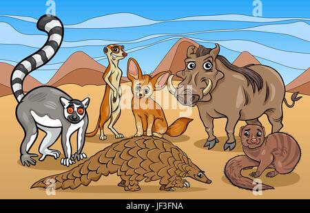 Tiere, Lemur, Warzenschwein, Cartoon, Mungo, Erdmännchen, Erdmännchen, Comic, Grafik, Stock Vektor