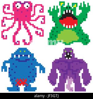Kunst, Riesen, Monster, Retro, Pixel, Computer, Computer, Kunst, Farbe, Zähne, Stock Vektor
