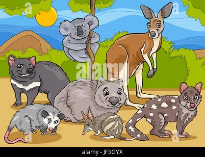Tiere, Illustration, Känguru, Cartoon, Beuteltiere, Gruppe, Comic, Grafik, Stock Vektor