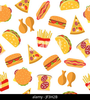 Abbildung Seamless Pattern mit flachen Icons Set Fast-Food. Sandwiches, Hot Dogs, Hamburger, Scheiben von Pizza, Taco, Hähnchenschenkel, Pommes-frites- Stockfoto