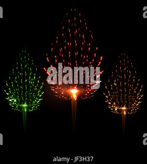 Festlichen Feuerwerk unterschiedlicher Farbe Form Kiefer platzen funkelnden Satz isoliert schwarzen Hintergrund- Stockfoto