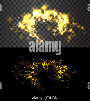 Satz von isolierten goldenes Feuerwerk am schwarzen und transparenten Hintergrund- Stockfoto