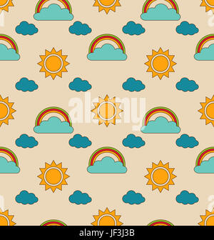 Abbildung alte nahtlose Muster mit Wettersymbolen. Retro-Hintergrund mit Sonne, Wolke, Regenbogen- Stockfoto