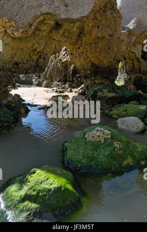 Szene in Chiringuitos am Strand erfasst (auch als Gale Strand), Albufeira, Algarve, Portugal. Stockfoto