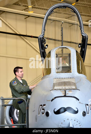 104. Fighter Squadron Pilot spricht ein Mitglied des Büros der Kostenschätzung und Programmevaluation 1. Juni 2017, sitzend in einem A - 10 C Thunderbolt II-Flugzeug in der Brennstoffzelle Hangar am Warfield Air National Guard Base, MD. Die CAPE-Team besteht aus rund 160 Mitglieder, darunter Regierung Zivilisten und Militärs. (Foto: U.S. Air National Guard Airman Sarah M. McClanahan Released Master Sgt. Chris Schepers) Stockfoto