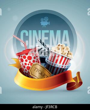 Kino, Vektor, Film, Film, Filme, Streifen, Popcorn, Film, Ticket, blau, Stock Vektor