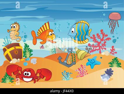 Fisch, Unterwasser, Fische, Krabben, Marine, Marine, Salzwasser, Meer, Ozean, Wasser, Stock Vektor