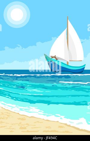 Sommer Landschaft mit Cartoon Segelboot. Meer Hintergrund für Flyer, Banner, Grußkarte und Einladung Stock Vektor