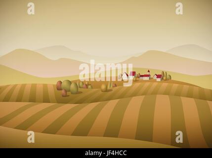 Haus, Gebäude, Baum, Berg, Horizont, Landwirtschaft, Landwirtschaft, Feld, Frühling, Stock Vektor