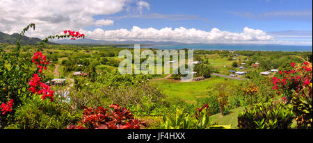 Panorama der fidschianischen Westküste. Im Vordergrund Hibiscus - Fidschi symbolische Nationalblume. Im Hintergrund Nadi und Denarau Island. Stockfoto