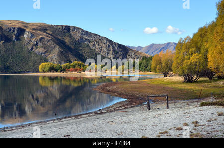 Perkins Bay im Herbst am Ufer des wunderschönen Lake Wanaka, Neuseeland. Stockfoto