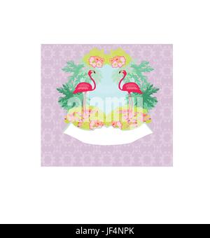 Vintage-Rahmen - grüne Palmen und rosa flamingo Stock Vektor