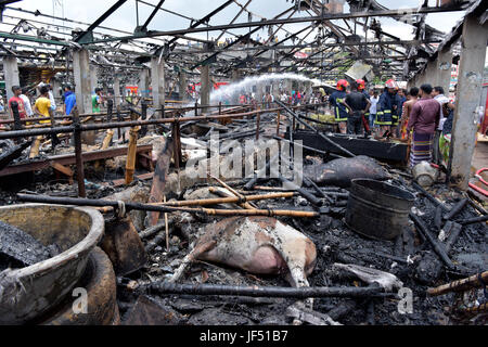 Dhaka, Bangladesch. 29. Juni 2017.  Tote Tiere lag am Boden des Gabtoli Vieh, zerstört durch einen Brand in Dhaka, Bangladesch, 29. Juni 2017 zu vermarkten. Rund 13 wurden Kühe und 26 Ziegen getötet, als der Markt um 10:00 Donnerstag gefangen Feuer. Bildnachweis: SK Hasan Ali/Alamy Live-Nachrichten Stockfoto