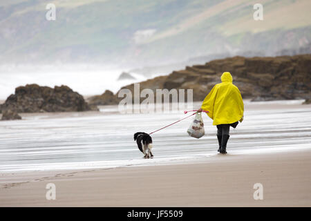 Eine Person zu Fuß einen Hund an der Leine entlang der unberührten und Hund freundlich Strand während einer Sommerdusche trägt einen gelben Regenmantel an Freathy an der Whitsand Bay, Cornwall, England Stockfoto