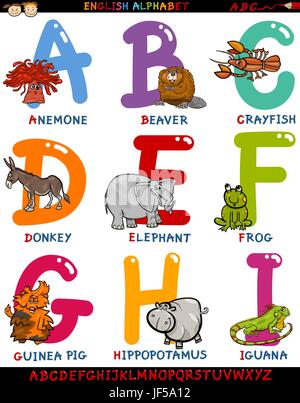 Bildung, Tiere, Illustration, Englisch, Alphabet, Cartoon, ABC, Schule, Stock Vektor