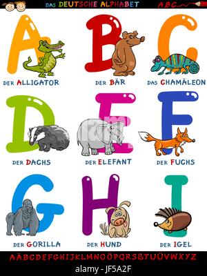 Bildung, Tiere, Illustration, Deutsch, Alphabet, Cartoon, ABC, Typ, Stock Vektor