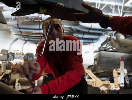 170529-N-RZ514-048 arabischen Golf (29. März 2017) Aviation Ordnanceman 3. Klasse Michael Bettes zugewiesen "Black Lions" von der Strike Fighter Squadron (VFA) 213, führt Wartungsarbeiten an einer F/A-18F Super Hornet an Bord des Flugzeugträgers USS George H.W. Bush (CVN-77) (GHWB). GHWB in den USA bereitgestellt wird 5. Flotte Bereich der Maßnahmen zur Erhöhung der Sicherheit im Seeverkehr Operationen, Verbündete und Partner zu beruhigen, und die Freiheit der Schifffahrt und den freien Fluss des Handels in der Region zu erhalten. (Foto: U.S. Navy Masse Kommunikation Spezialist Seemann Jennifer M. Kirkman/freigegeben) Stockfoto
