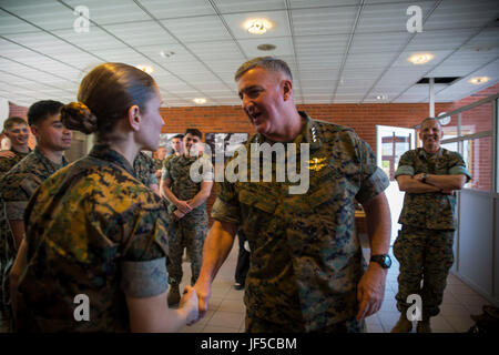 US Marine gen Glenn M. Walters, Assistant Commandant of the Marine Corps grüßt Marines mit Marine Rotations Kraft Europe 17.1 (MRF-E) bei Vaernes Garnison, Norwegen, 29. Mai 2017. Die ACMC und seine offizielle Partei tourte die Einrichtungen, die Marines gelebt haben und besuchten die Marine Corps Stationierung Programm-Norwegen-Höhlen. MRF-E treibt das Marinekorps lange und enge Beziehung mit der norwegischen Streitkräfte. (Foto: U.S. Marine Corps CPL. Victoria Ross) Stockfoto