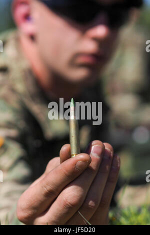 Ein Soldat zugewiesen, die 98. Unterstützung Wartungsfirma, 17. Bekämpfung Sustainment Support Battalion, US-Armee Alaska, hält eine 5,56 mm Runde vor Durchführung von bekannten Abstand Treffsicherheit im Pedneau Bereich auf gemeinsamer Basis Elmendorf-Richardson, Alaska, 31. Mai 2017.  Die SMC ist ein modulares Wartungsfirma, das Feld Wartungsunterstützung auf Basis Bereich Einheiten in Form von allied Trades Unterstützung bietet; Radfahrzeug Erholung; Bewaffnung; Kommunikation; Elektronik; spezielle elektronische Geräte; Bodengeräte; Stromerzeugungsanlagen; Dienstprogramm Ausrüstung; und Prüfung, Messung, eine Stockfoto