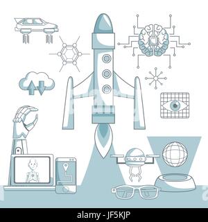 weißer Hintergrund mit Silhouette color Abschnitte Schattierung der Rakete nah und Set Symbole Tech futuristische Objekte Stock Vektor
