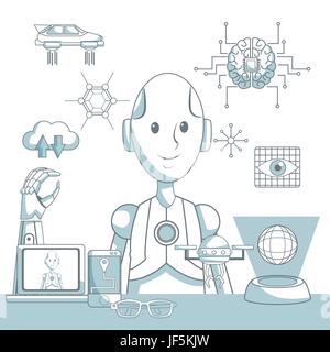 weißer Hintergrund mit Silhouette color Abschnitte Schattierung des menschlichen Körpers Roboter Closeup und Set Symbole Tech futuristische Objekte Stock Vektor