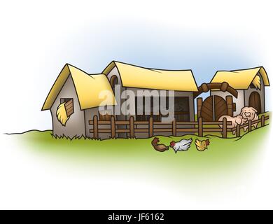 Gebäude, Zusammensetzung, Tiere, Landwirtschaft, Landwirtschaft, Illustration, Kuh, Stock Vektor