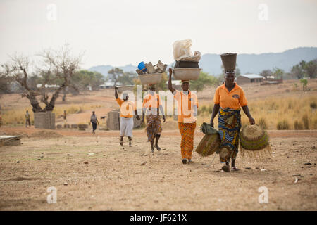 Frauen aus des Webers Genossenschaft weben traditionelle Strohkörbe zusammen in Upper East Region, Ghana. Stockfoto