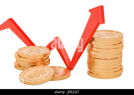Wachstum rote Pfeil mit Dollar-Münzen, 3D rendering isolierten auf weißen Hintergrund Stockfoto