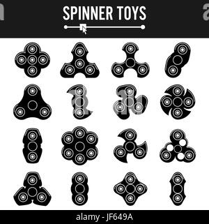 Hand-Spinner-Vektor-Etiketten. Schwarze Symbole isoliert. Stress Relief Spielzeug. Zappeln Sie Spinner Embleme. Stock Vektor