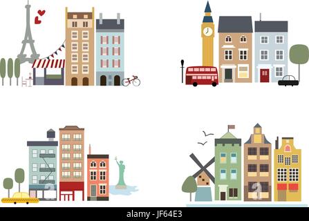 Haus, Gebäude, Turm, Reisen, Stadt, Stadt, Denkmal, Kultur, Farbe, Urlaub, Stock Vektor