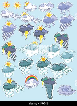 Tag, während der Tag, Symbole, Wetter, Satz, Ikonen, Version, blau, Snowy, Stock Vektor