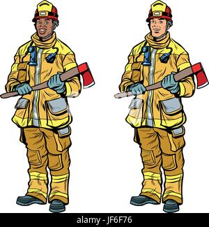 Afrikanisch-amerikanischen und kaukasischen Feuerwehrleute in Uniform mit Achsen Stock Vektor