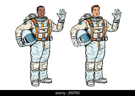 Afrikanische und kaukasischen Astronauten in Raumanzügen Stock Vektor