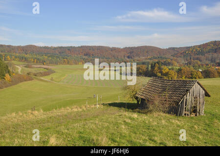 Hügelige Landschaft in der Nähe Michelbach, Deutschland Stockfoto