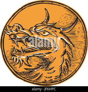isoliert, Grafiken, Vintage, Illustration, Geschöpf, Monster, Seitenansicht, Stock Vektor