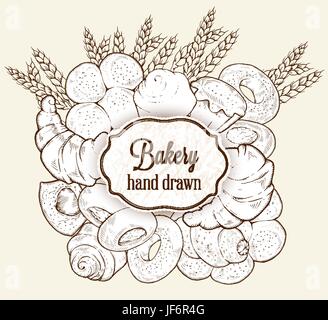 Vektor Bäckerei Retro-Hintergrund mit Platz für Text. Vintage handgezeichnete Illustrationen mit Brot und Backwaren. Skizzieren Sie Stil, Aufkleber, Banner, logo Stock Vektor