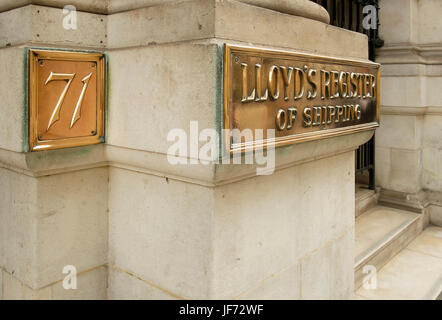 Messingplatten außerhalb Lloyds Register "der Versand der Hauptniederlassung, 71 Fenchurch Street, London Stockfoto