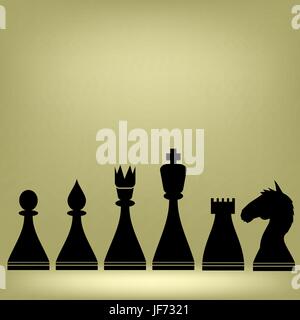 Schach Stücke Silhouetten auf grauem Hintergrund. Bauer und Bischof, Queen, Rook, Ritter Stock Vektor