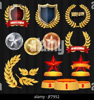 Vektor-Auszeichnungen und Trophäen-Sammlung. Goldene Abzeichen und Etiketten. Meisterschaft-Design. 1., 2., 3. Platz. Golden, Silber, Bronze erreichen. Abzeichen, Medaille. Stock Vektor