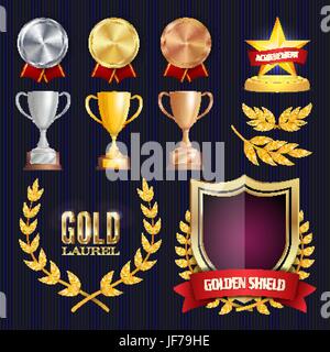 Vektor-Auszeichnungen und Trophäen-Sammlung. Goldene Abzeichen und Etiketten. Meisterschaft-Design. 1., 2., 3. Platz. Golden, Silber, Bronze erreichen. Leeren Sie Abzeichen, Medaille leer. Stock Vektor